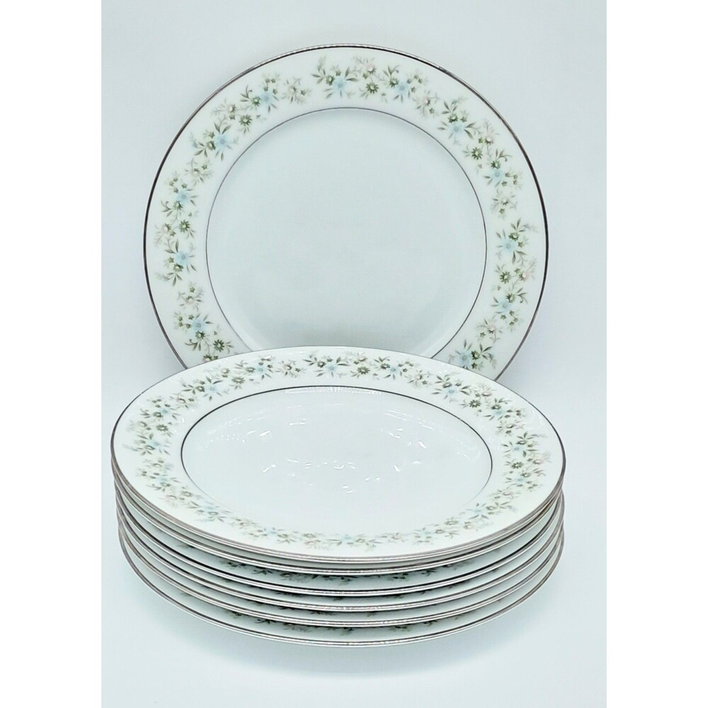 Noritake Savannah Plates 7pc Pink Blue Floral Salad Plates Platinum Rim